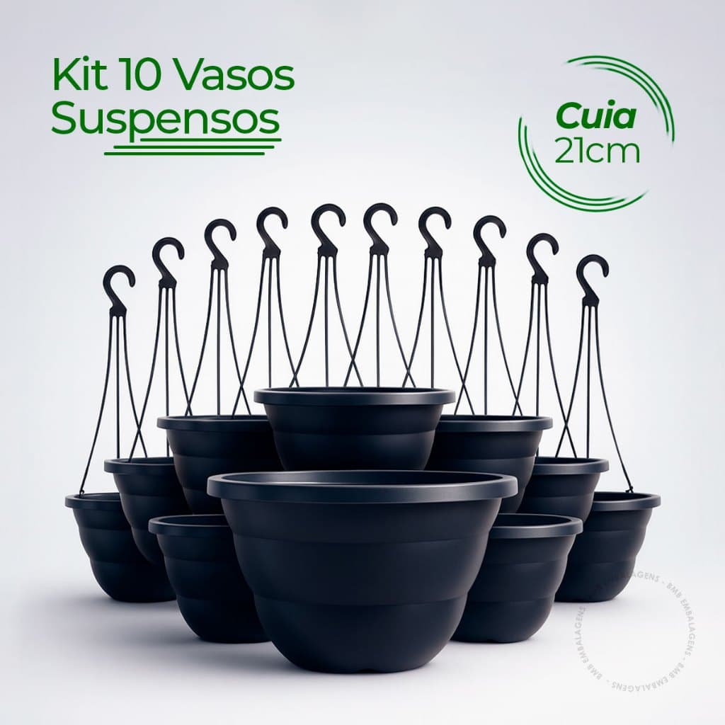 Kit 10 Vaso Cuia Suspenso 21 Cm Preto 10 Haste Alça Resistente Plantas Samambaia Rosa do Deserto