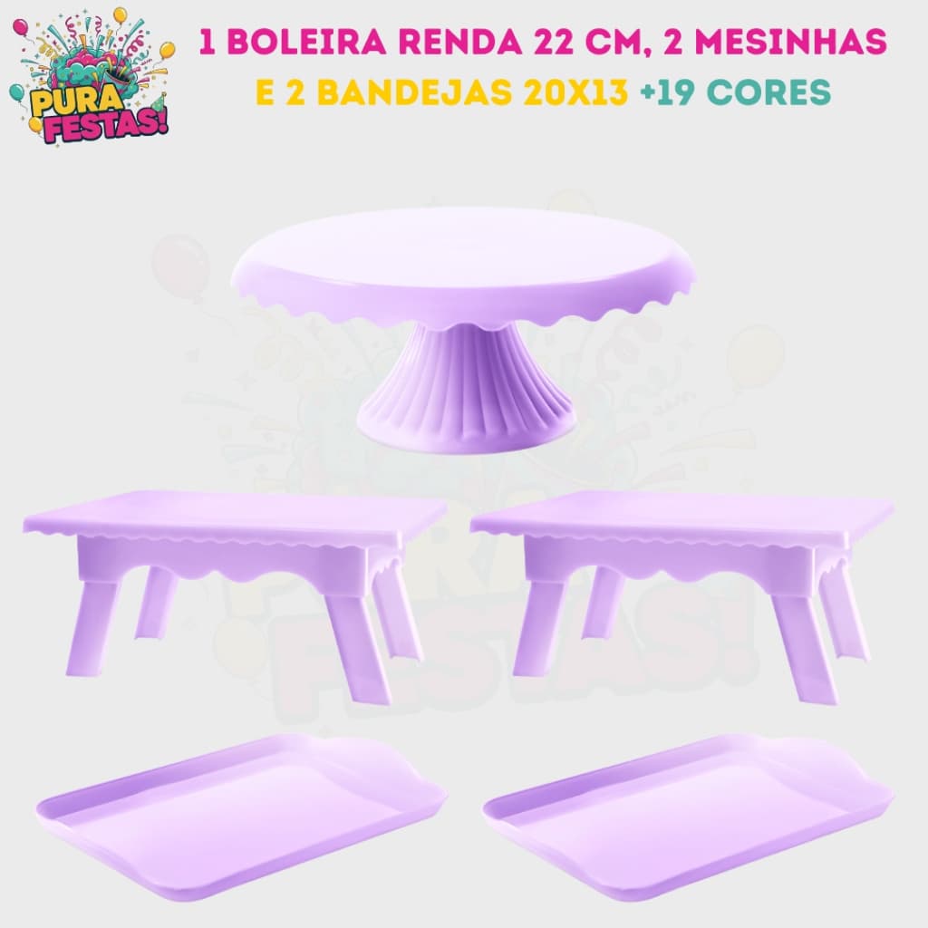Kit - 1 Boleira Renda 22 Cm, 2 Mesinhas e 2 Bandejas 20x13 - Diversas Cores