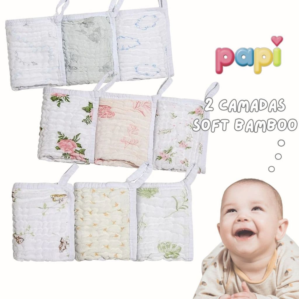 Paninho de Boca Papi Soft Bamboo Premium 25x25cm | Kit 3 Fraldinha com Prendedor de Chupeta