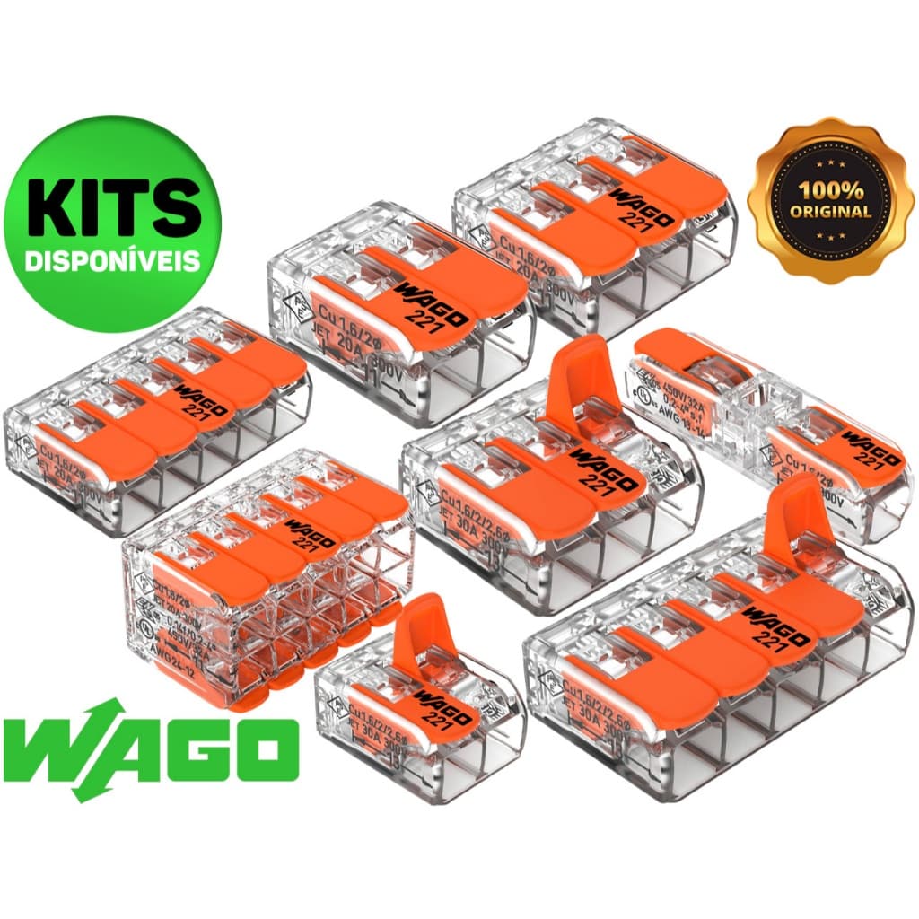 Kit 3,5,10 e 20 Conector Elétrico 221 Emenda Wago 1,2,3, e 5 vias 32/41A - 4mm² 6mm² Chuveiro Tomada