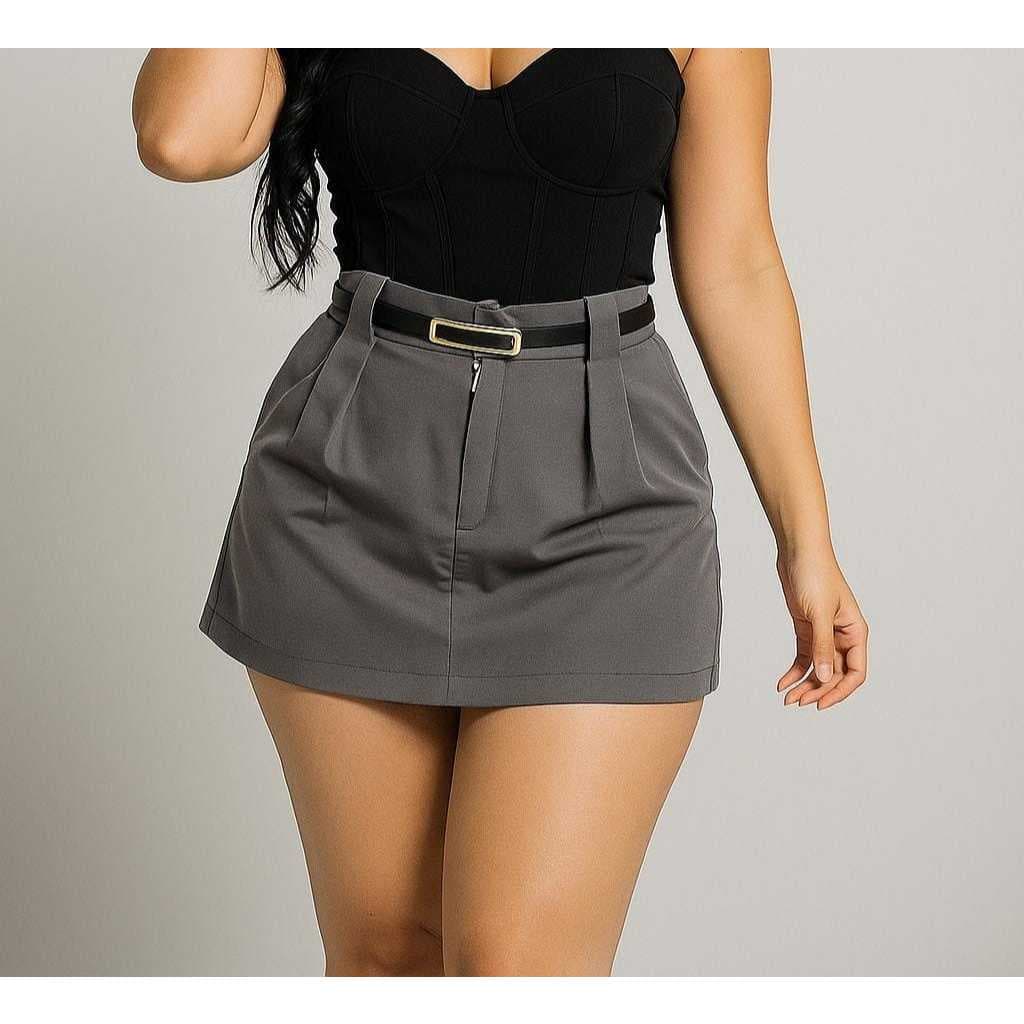 Short Saia Social Alfaiataria Zíper Frontal Cintura Alta Caimento Impecável Com cinto