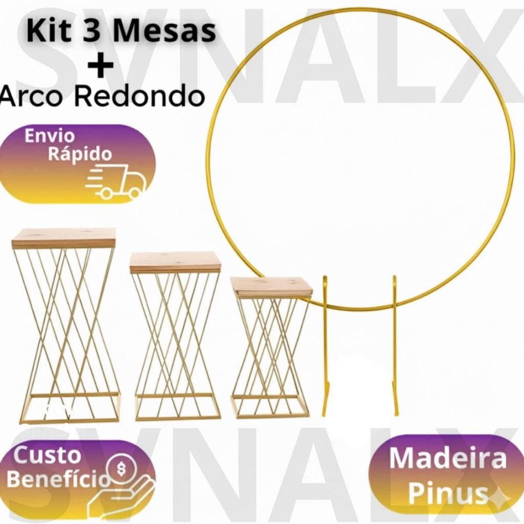 Kit 3 Mesas Em Ferro Treliça Cruzada + Painel Arco Redondo Desmontável Decoração de Festa Promoção