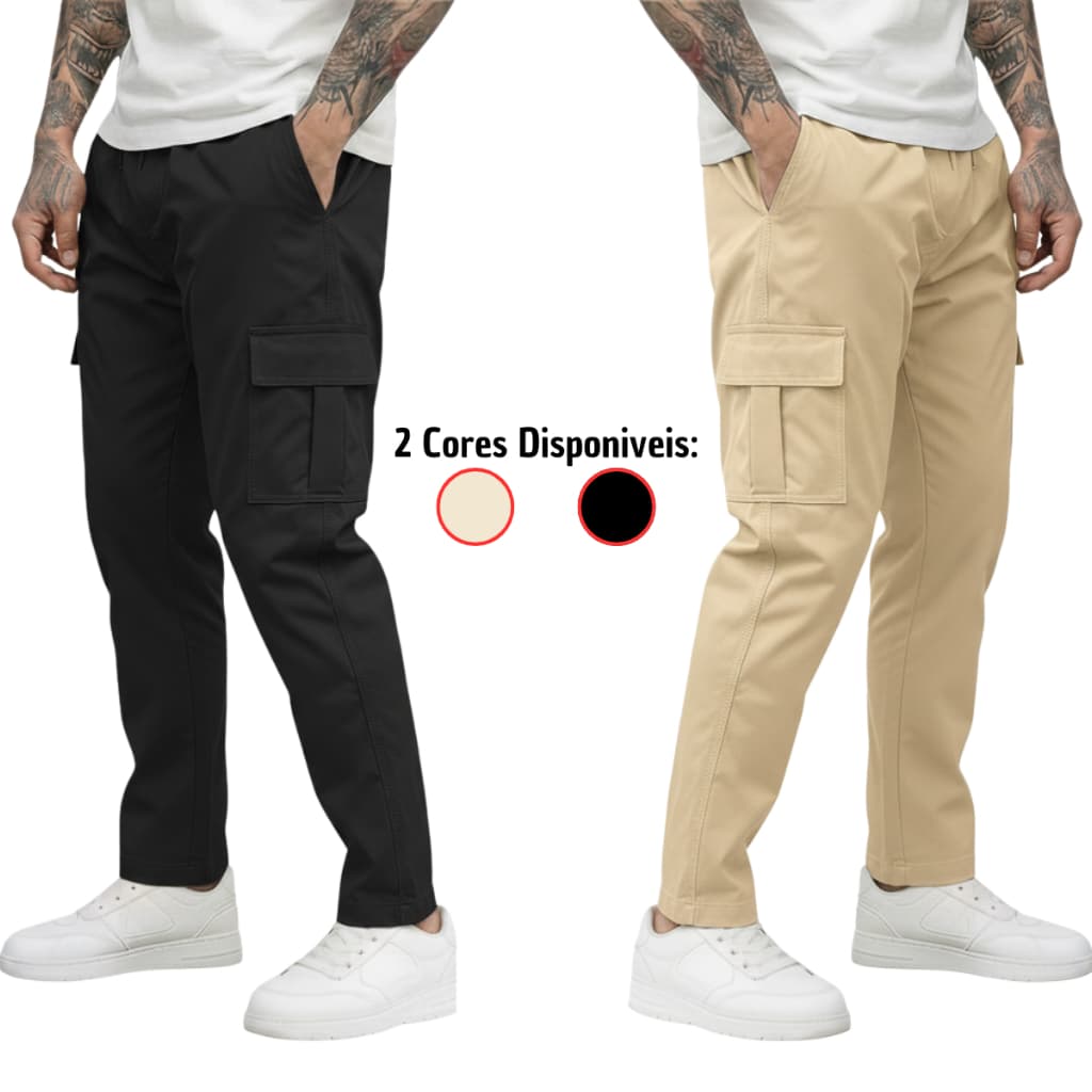 Kit 2 Calça Cargo Masculina Streetwear Reforçada com 6 Bolsos | Tática Militar Casual Ajustável