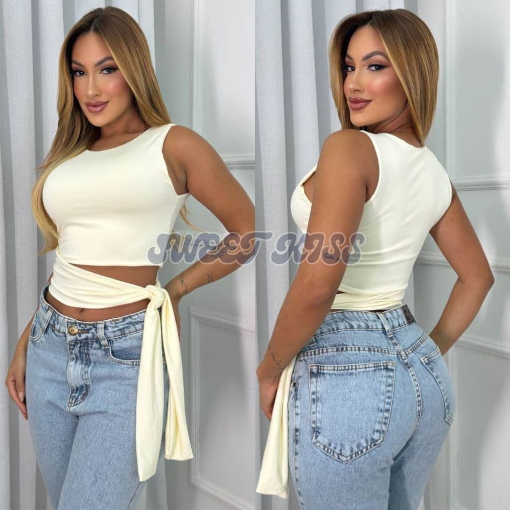 Blusa Cropped Feminino Suplex Forro Duplo Laço Lateral Com Amarração Moda Gringa Estilosa Lançamento