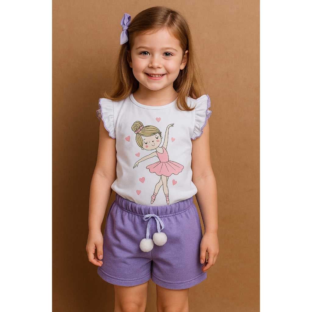 Conjunto de verão infantil menina .Blusa com manga franzida +Bermuda com pompom 2 ao 10 anos