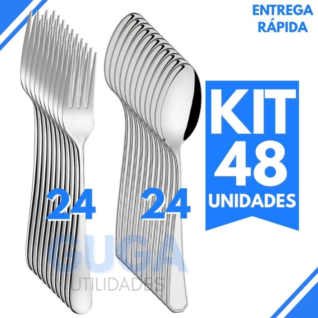 Jogo 48 Talheres Inox 24 Garfos e 24 Colheres de Jantar Resistente Sofisticado Inoxidável para Uso Diário