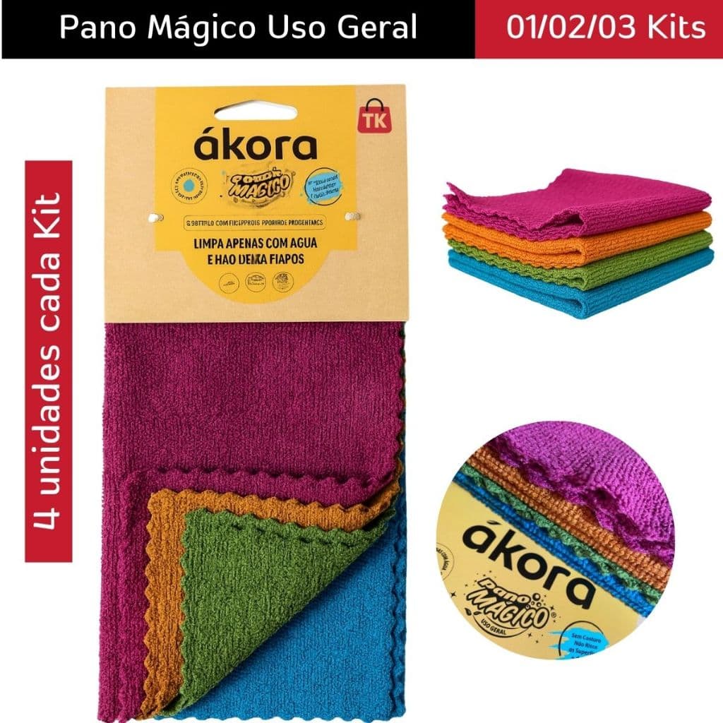 Pano Mágico® Uso Geral Sem Costura Ákora – Kit com 4 Unidades, Alta Absorção e Sem Fiapos