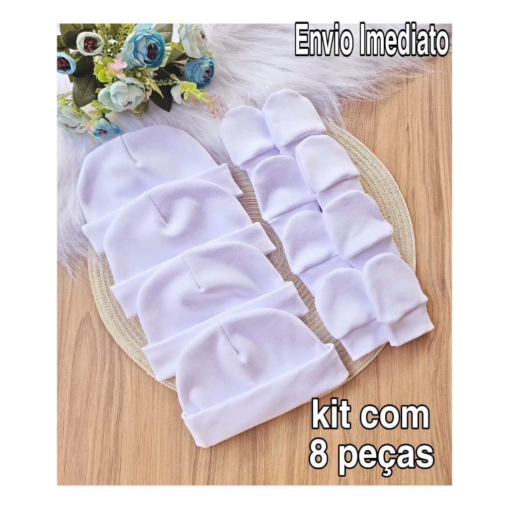 Kit 4 Touca e 4 Luva Para Bebê Recém Nascido 100% Algodão Antialérgico Maternidade Enxoval Gestante