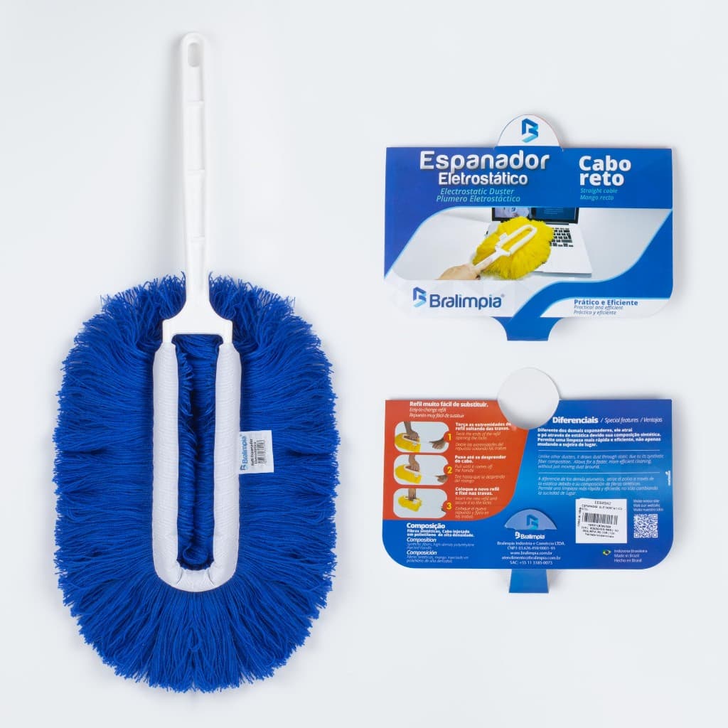Espanador Elétrostático Cabo Reto Limpeza Seca Bralimpia Lavável Troca Refil Prático