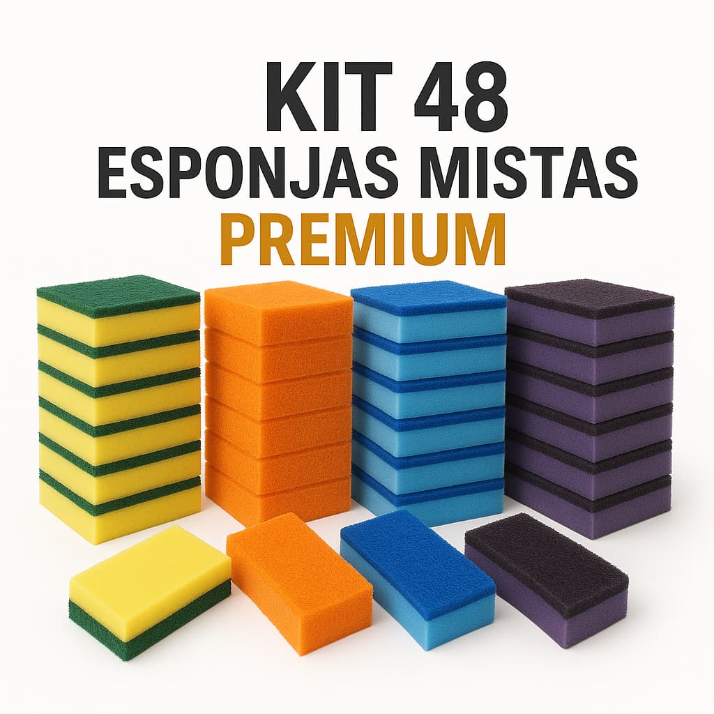 Kit 48 Esponja Lavar Louça – 12 Anti-Risco  / 12 Antiaderente /  12 Limpeza Pesada e 12 Amarelas