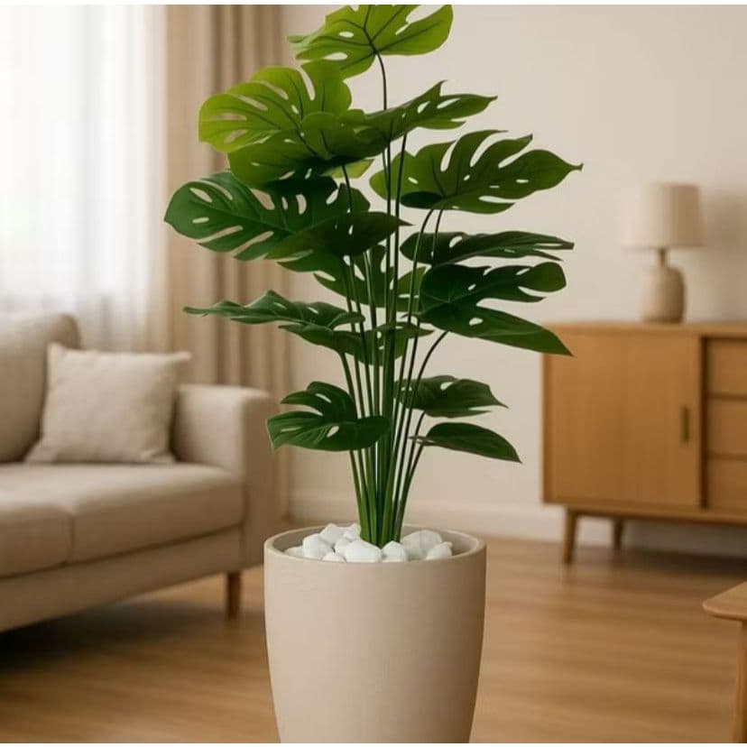 Kit Planta Artificial 70cm Flores Costela de Adão 18 Folhas + Vaso Decorativo Escovado M Decoração Enfeite Sala Casa