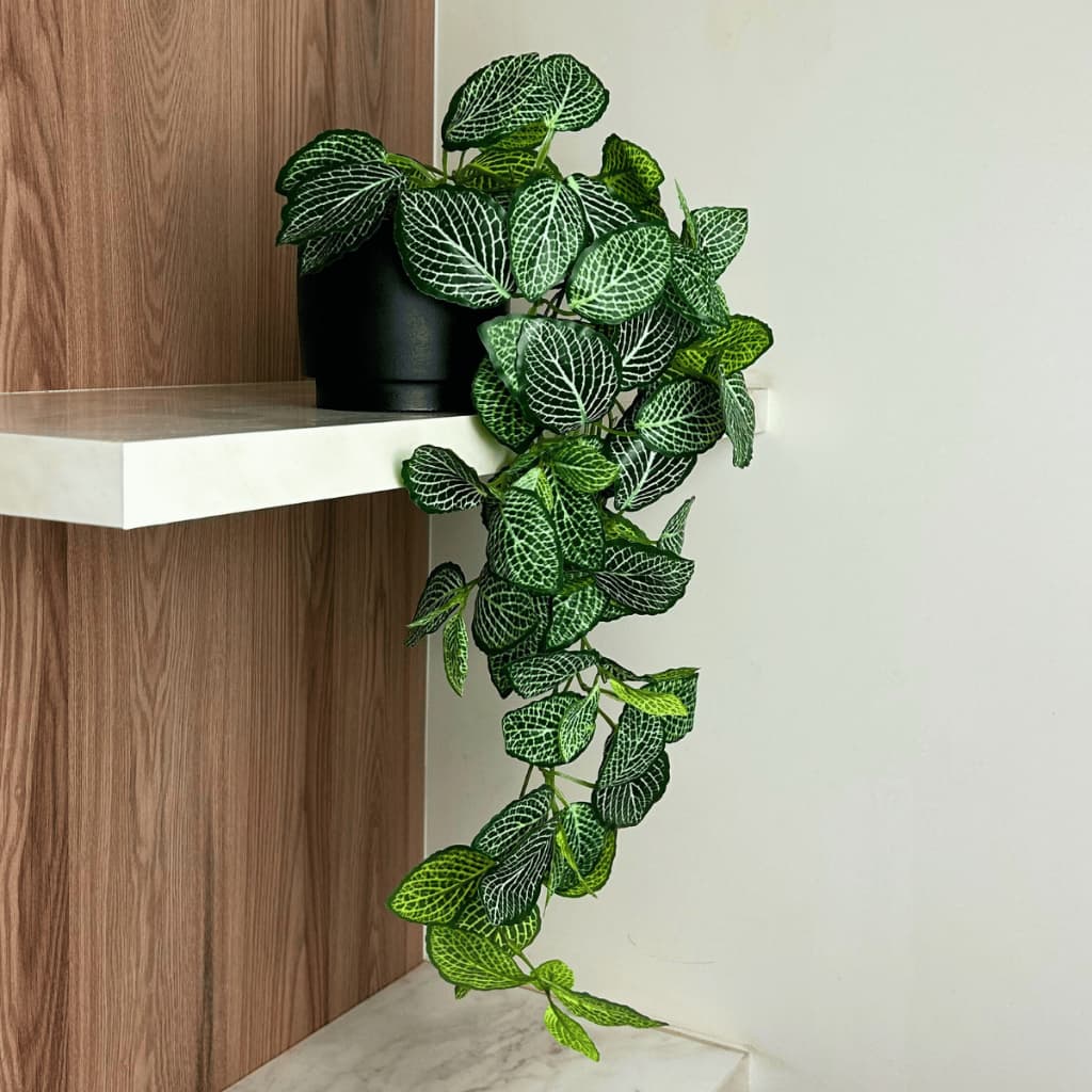 Arranjo Planta Artificial Pendente Fitônia Realista Toque Natural Caída Prateleira Com Vaso Preto