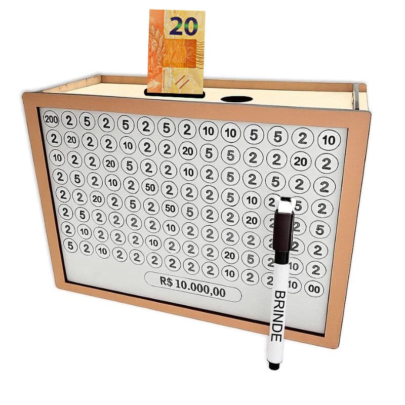 Cofre MDF Desafio 10mil/5mil/1mil Caixa Dinheiro Cofrinho De Madeira Método Japonês Escolha Sua Meta