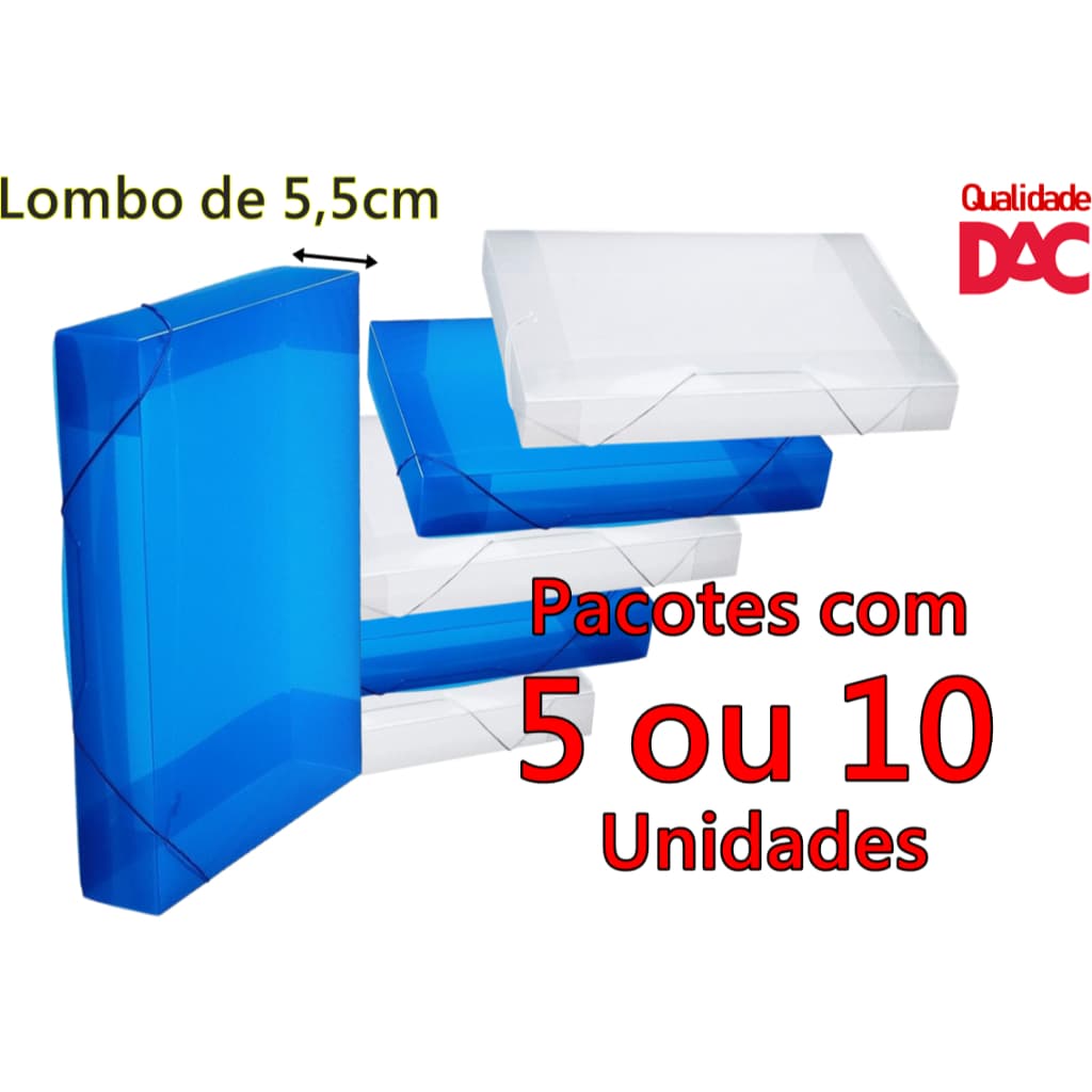 Kit 5 ou 10 Pastas Aba Elástica Ofício com Lombo de 5,5cm 55mm Azul Transparente Cristal Line 505PP DAC