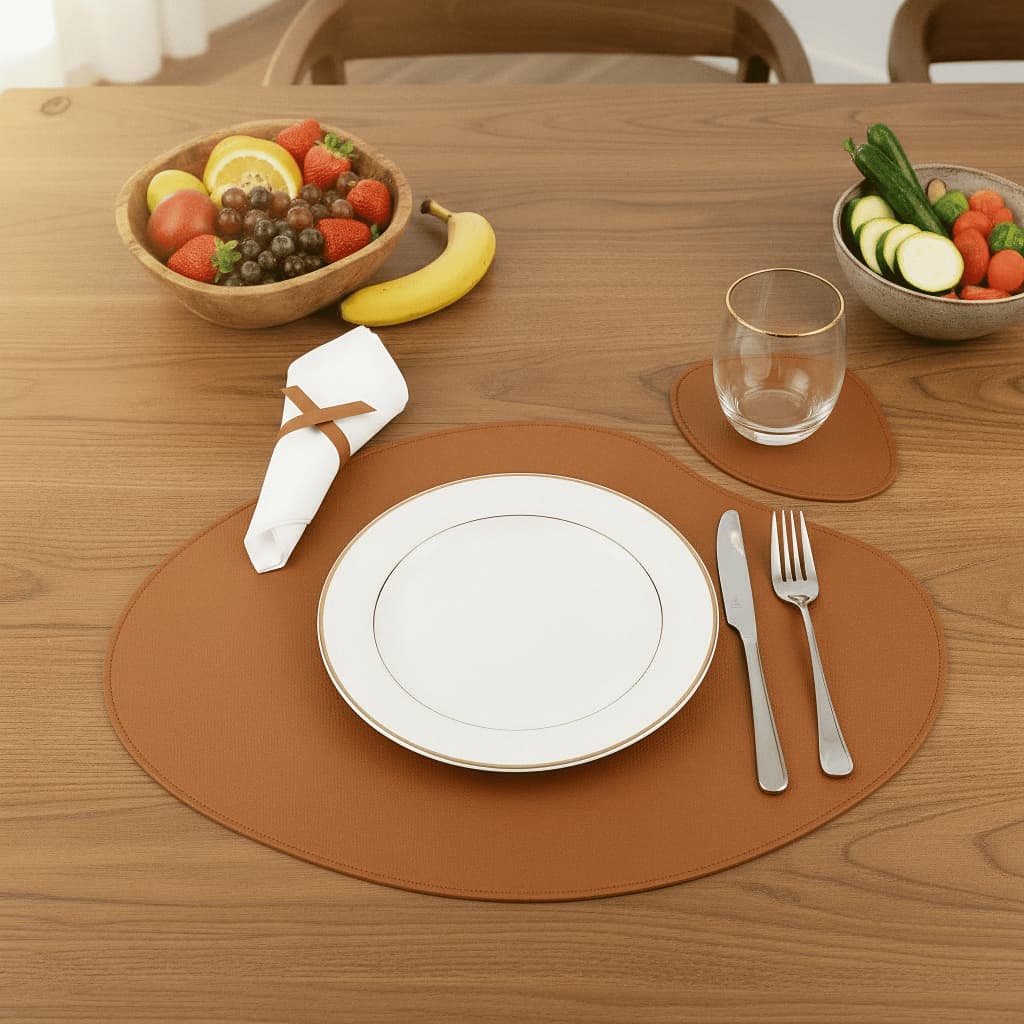 Jogo Americano em Couro Sintético + Porta Copo para Mesa Posta Kit com 1 2 4 6 8 Peças