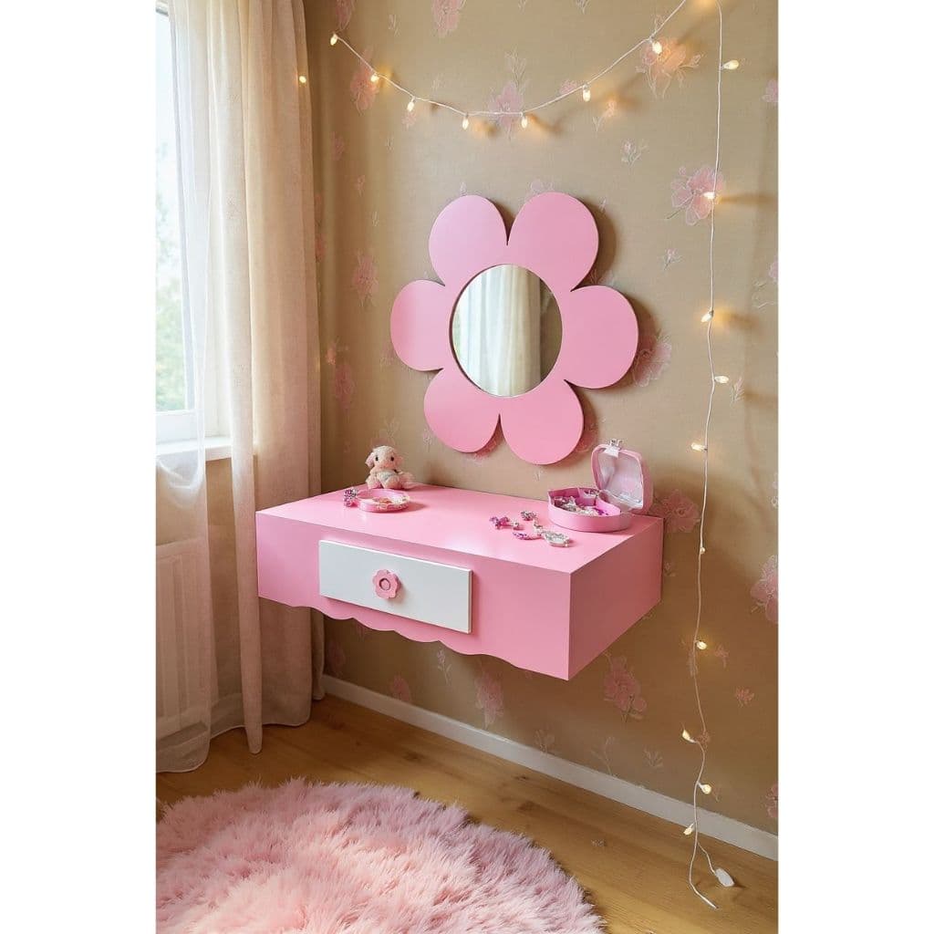Penteadeira suspensa escrivaninha infantil com espelho formato de flor em MDF