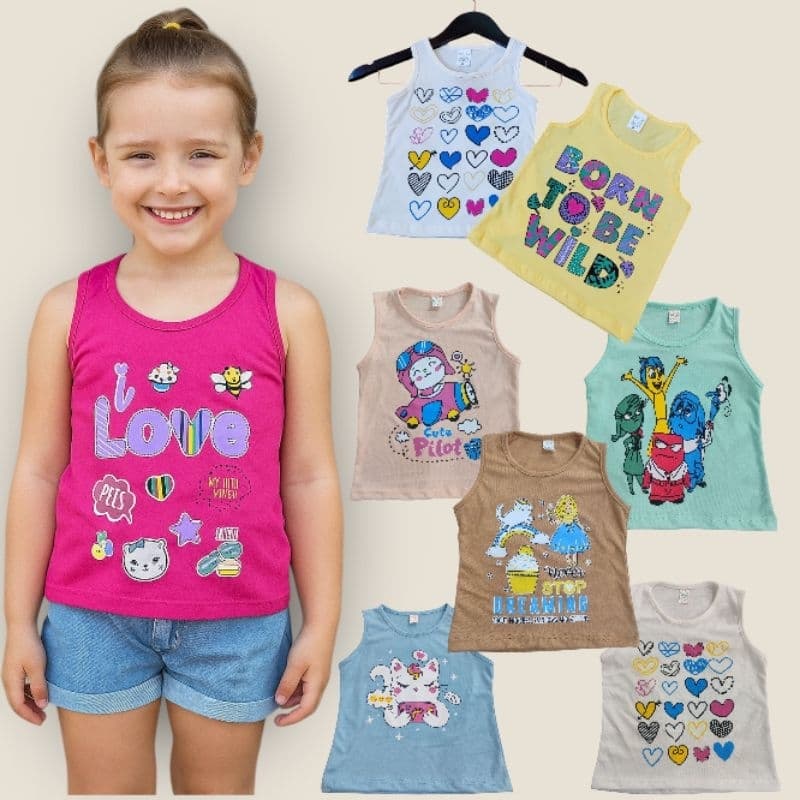 Kit 5 camiseta Infantil menina Estampada Variadas Cores e Modelos – Tamanhos 2 4 6 8 anos