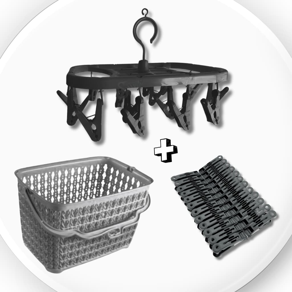Kit Lavanderia Varal Roupas Íntimas PRETO + Cesto Multiuso CINZA + 48 Prendedores PRETO