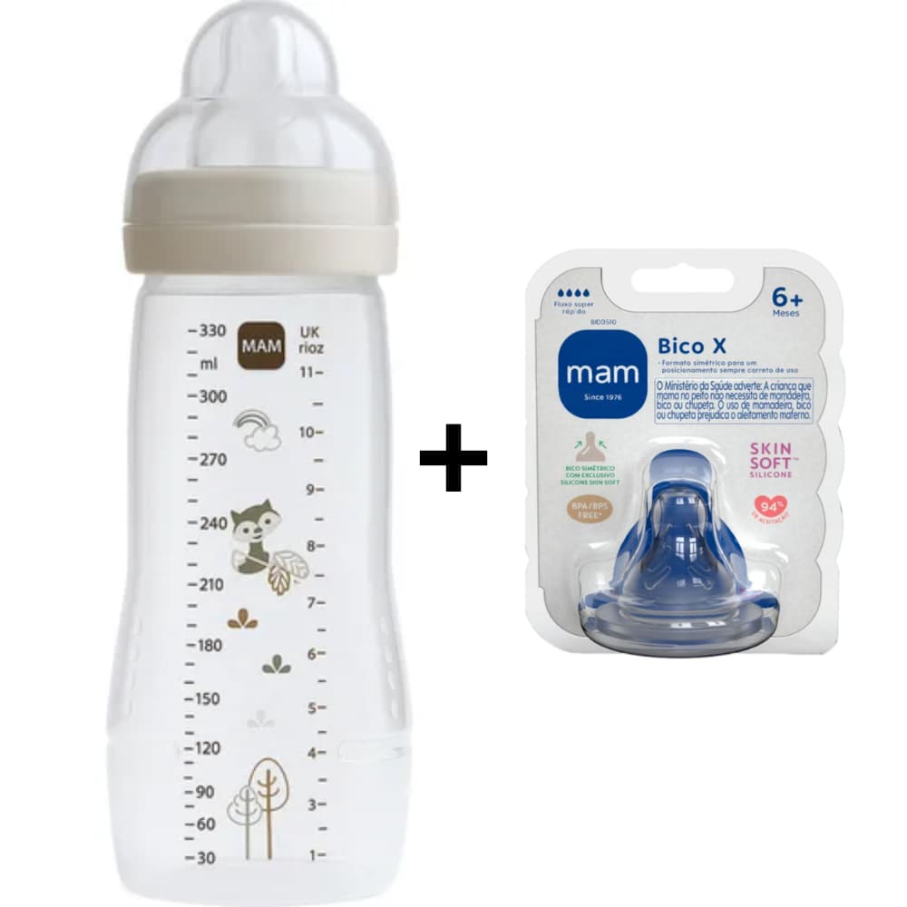 Kit Mamadeira+Bico X MAM Easy Active 330ml +4 Meses e Bico +6 Meses - COR: NEUTRO + Bico X