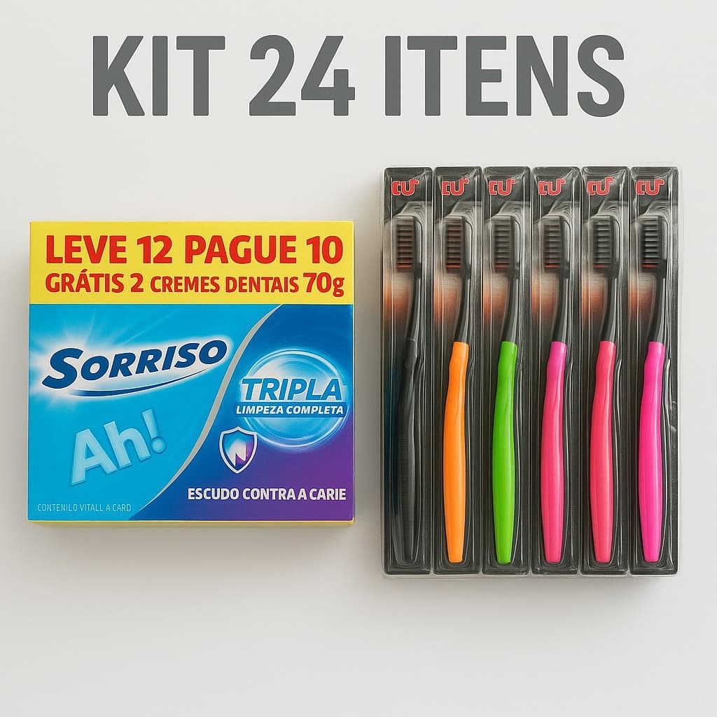 Kit Higiene Bucal – 12 Cremes Dentais Sorriso + 12 Escovas Adulto Blu Cerdas Macias
