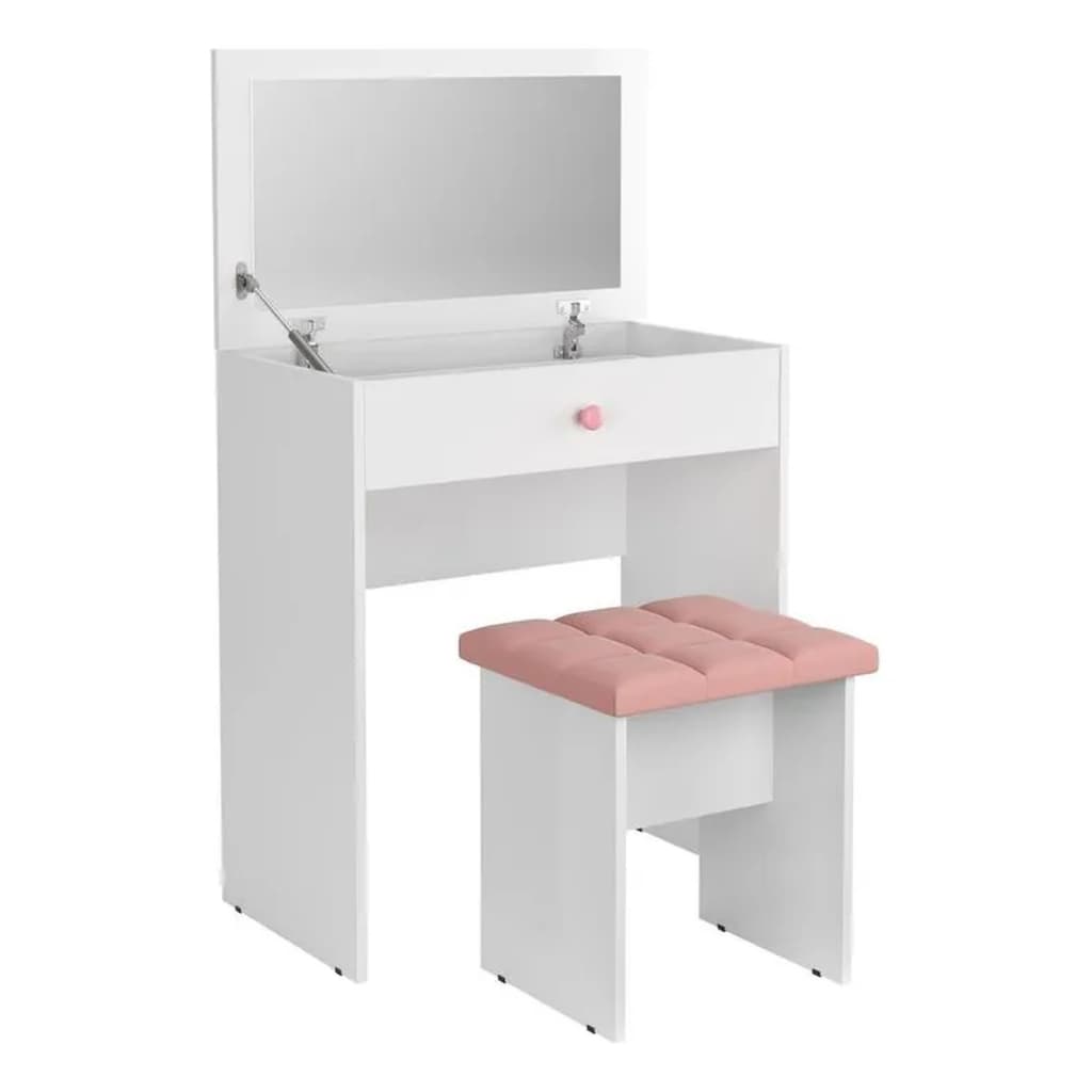 Penteadeira Escrivaninha Mesa Camarim Com Espelho e Gaveta e  Banqueta Branca MOANA