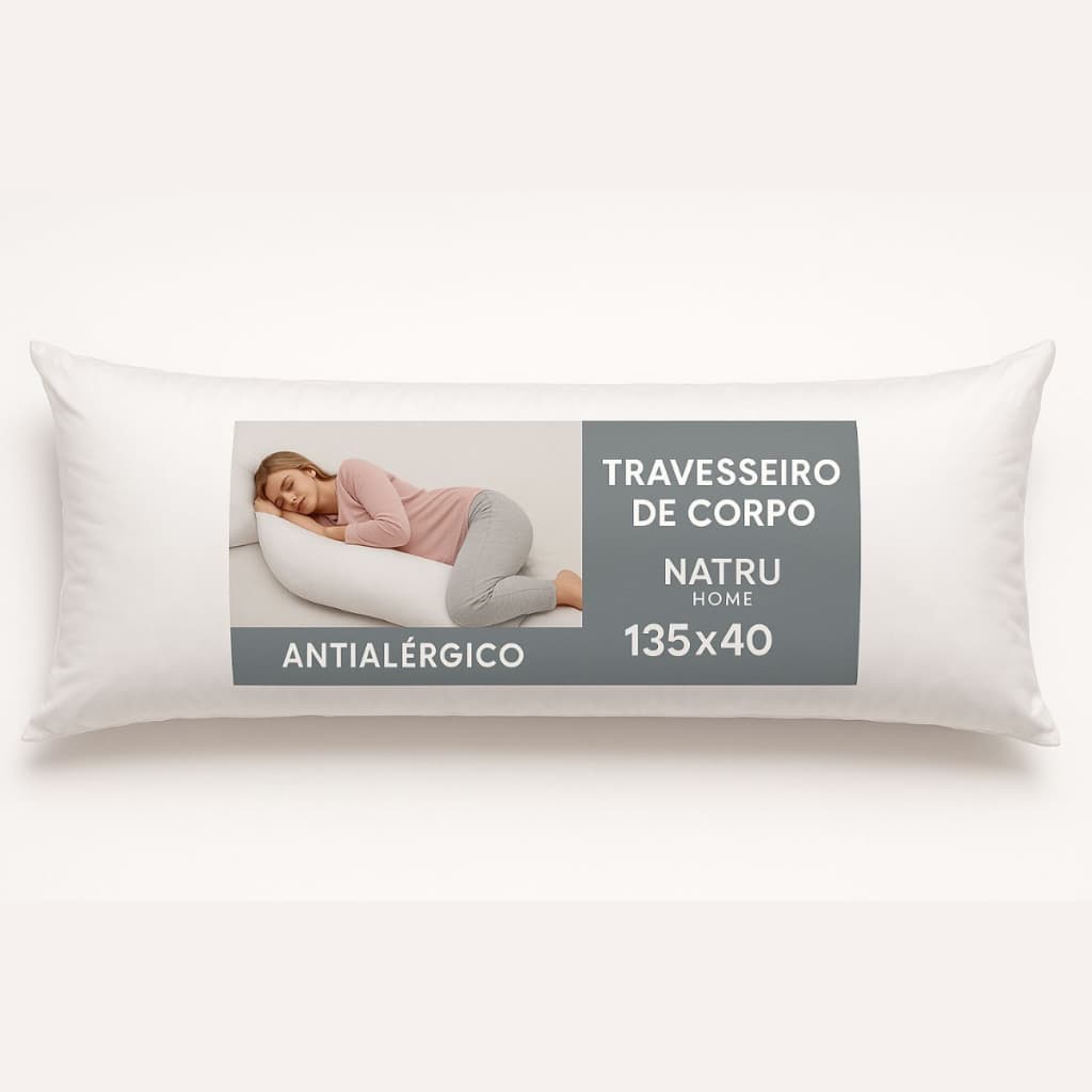 Travesseiro De Corpo Antialérgico Body Pillow Com Zíper 135x40cm Fronha 200 Fios Fibra Siliconada