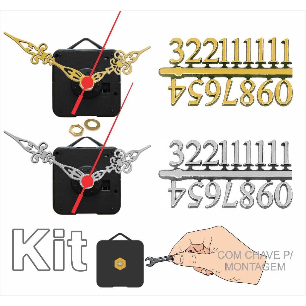 3 Máquinas Para Relogios + Ponteiros Luiz XV + Números Arábicos Dourado e Prata + Chave p/ Montagem