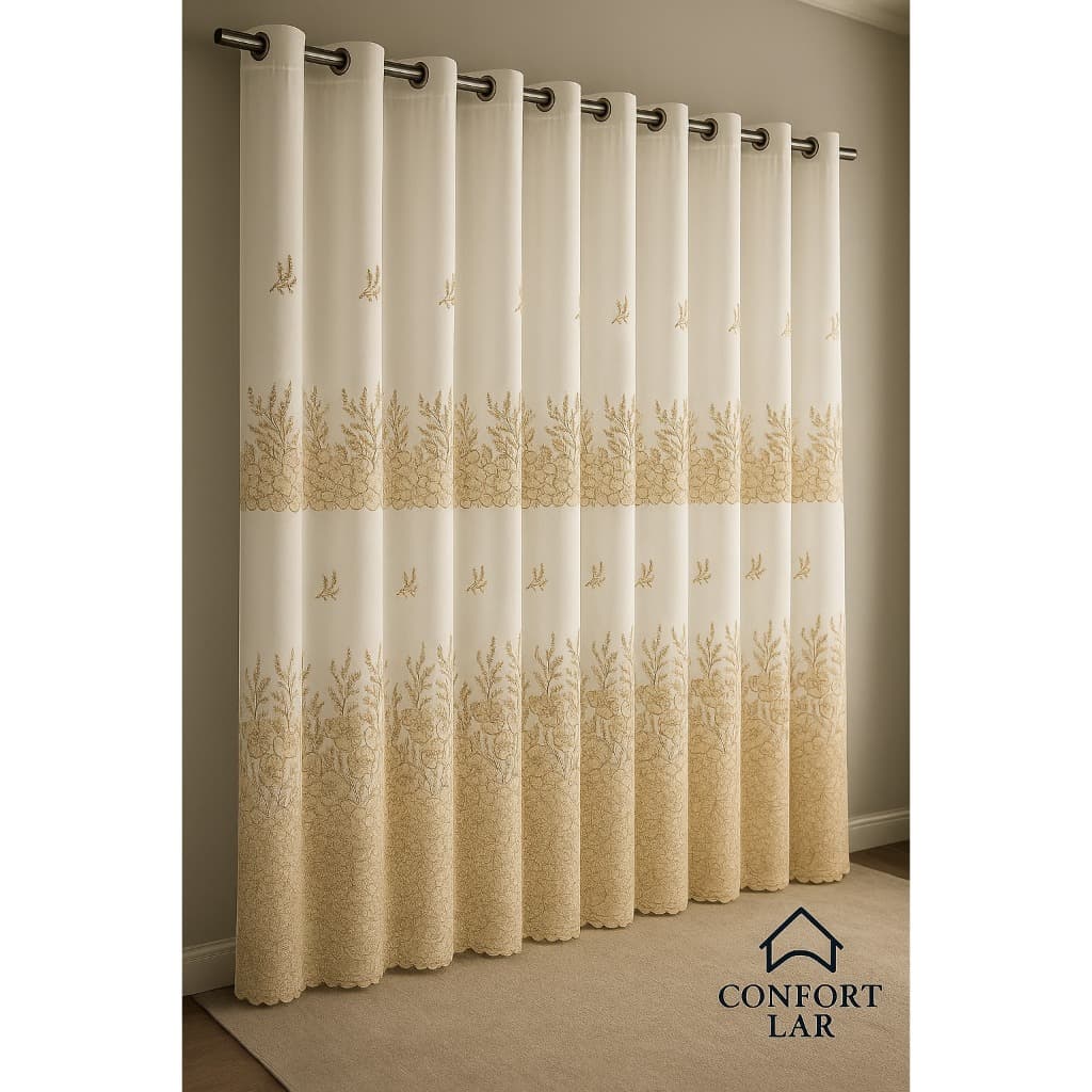 Cortina Bordada de Voil com Forro – 3,00x2,60m – Preço de Fábrica