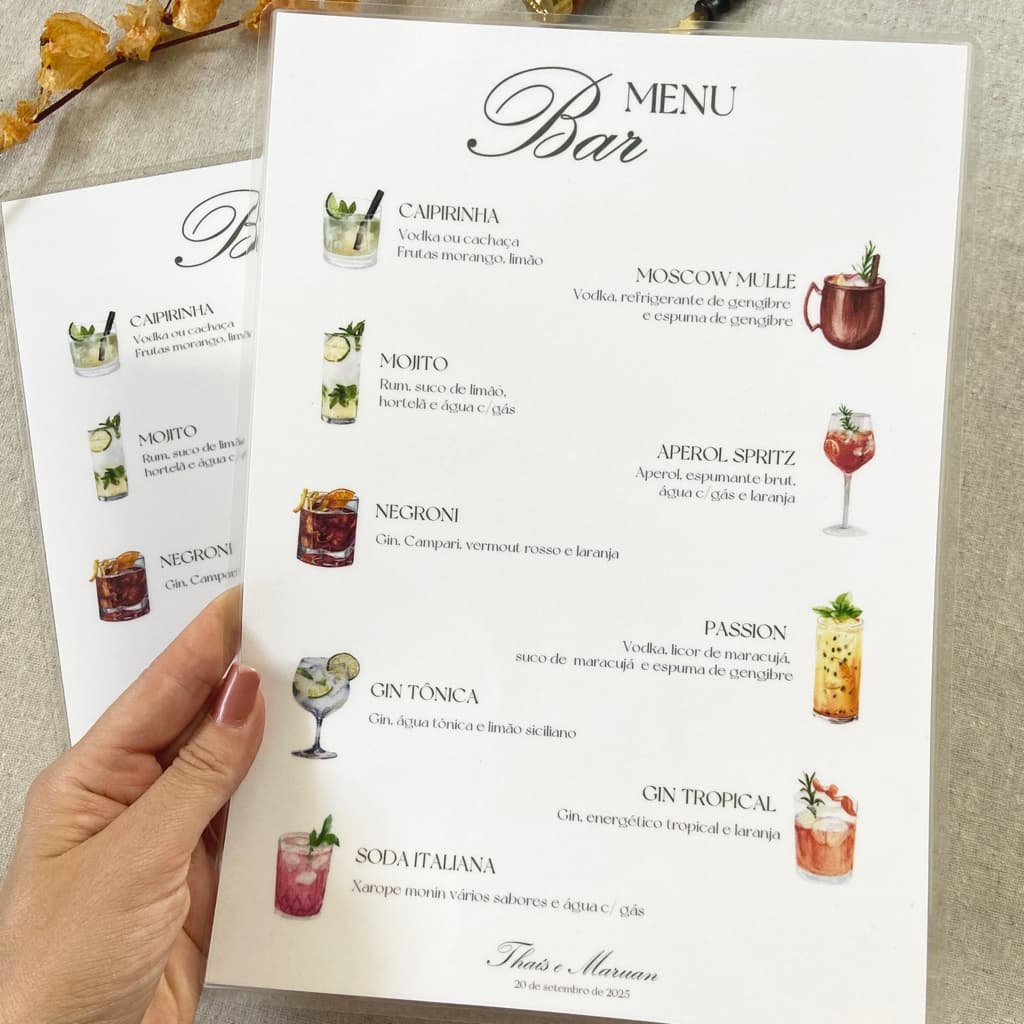 Menu Cardápio Drinks Bar para Casamentos, 15 anos, festas - Plastificado