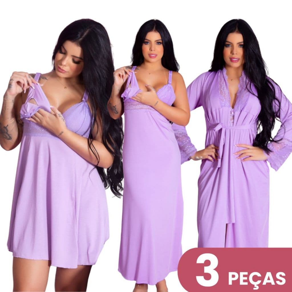 Kit Robe Longo com Camisola Amamentação Longa e Curta Roupas Pós Parto Gestante Conforto Praticidade