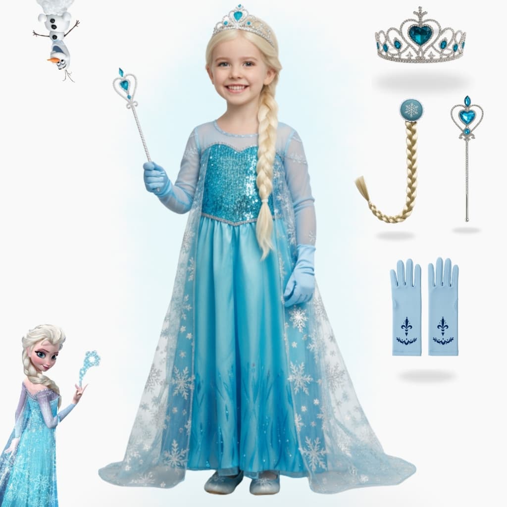 Fantasia Vestido Infantil Elsa Frozen Com Capa E Acessórios Festa Hallowen Crianças