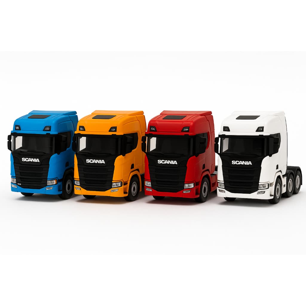 Miniatura Caminhão Scania 1/42 Trucado Metal com Som Luz Fricção Pneu Borracha 4 Cores Colecionável