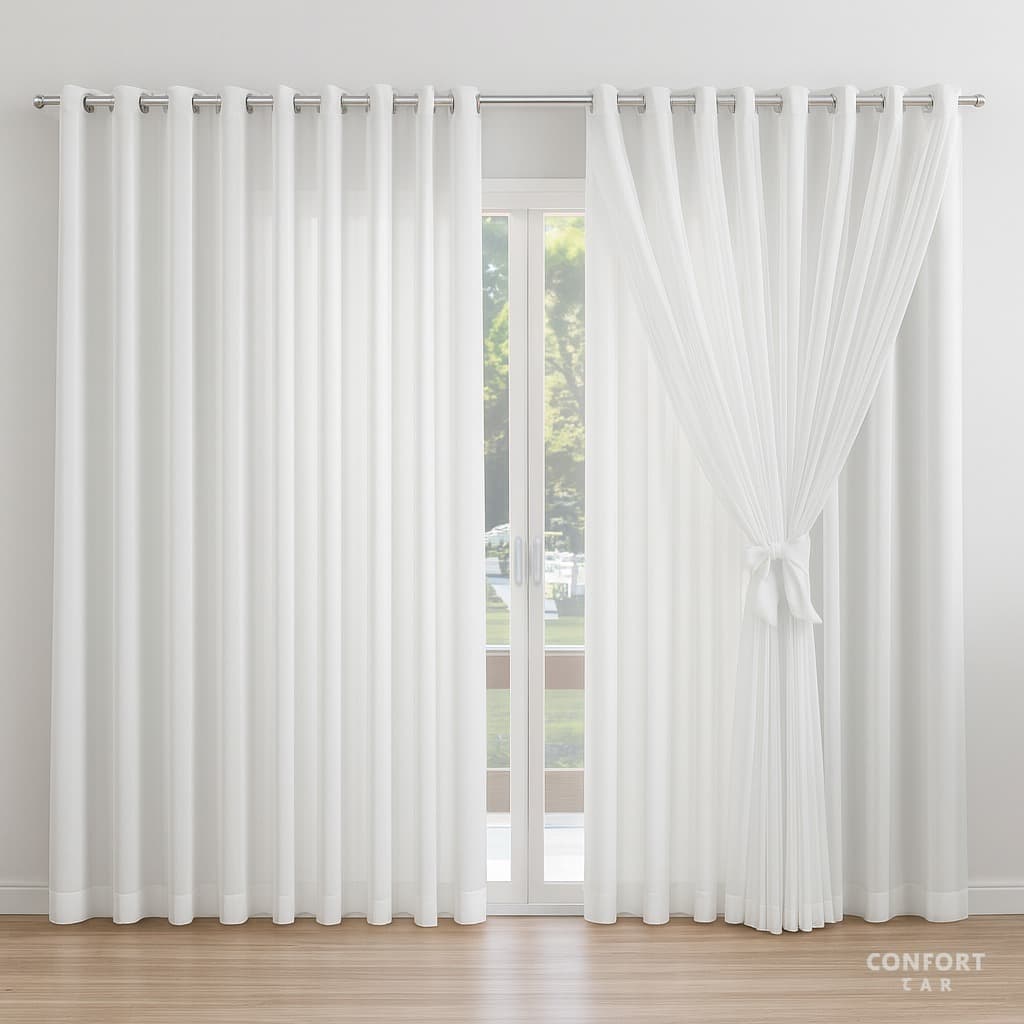 Cortina Voil com Forro Microfibra Luxo | Ilhós Cromado | Decoração Sofisticada p/ Sala e Quarto