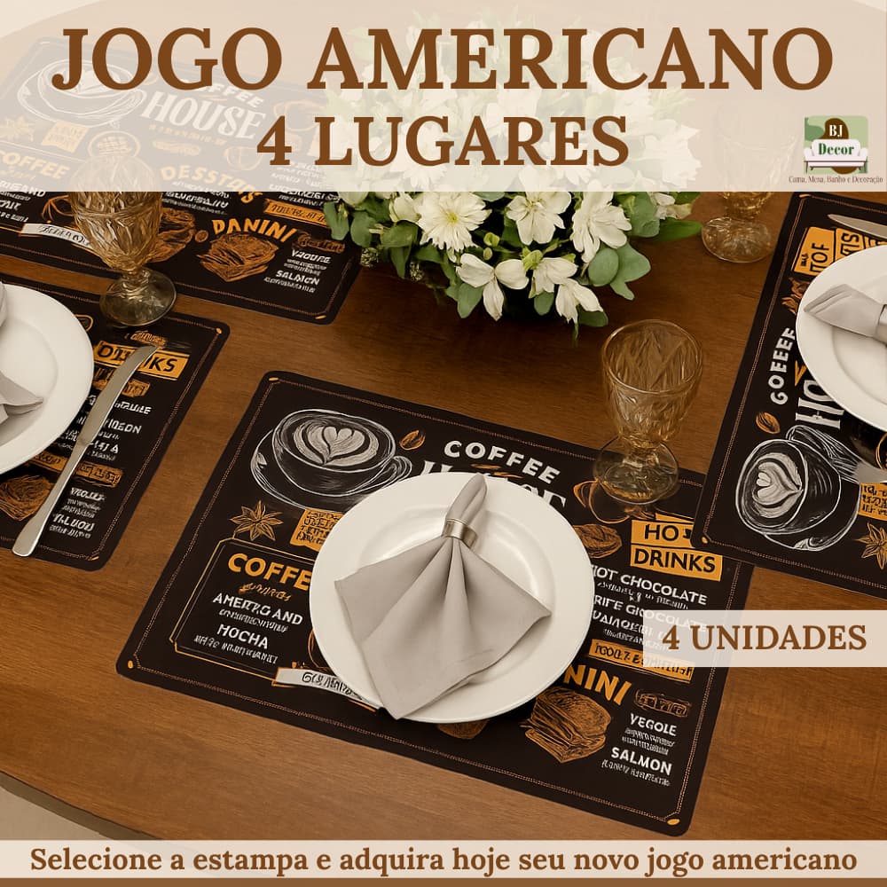 Kit Jogo Americano 4 Lugares - Elegância e Praticidade - Descanso de Copos