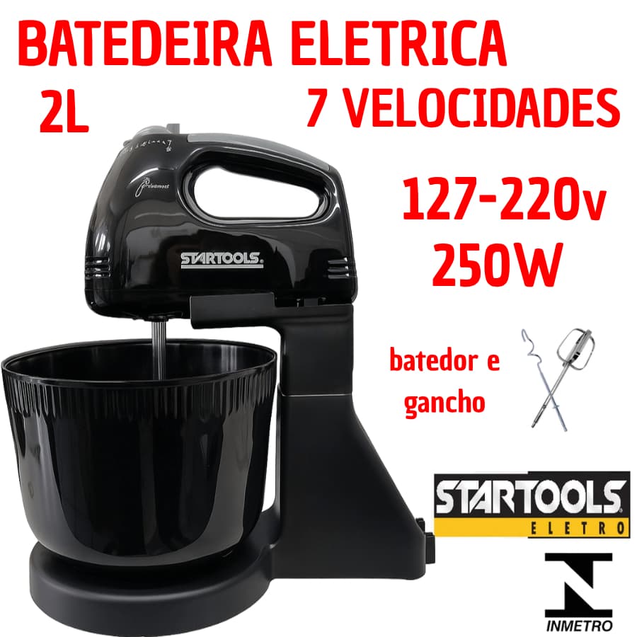 Batedeira Eletrica 2L 7 Velocidades Com Batedor E Gancho Potente 127V 220V Resistente 250W Prática