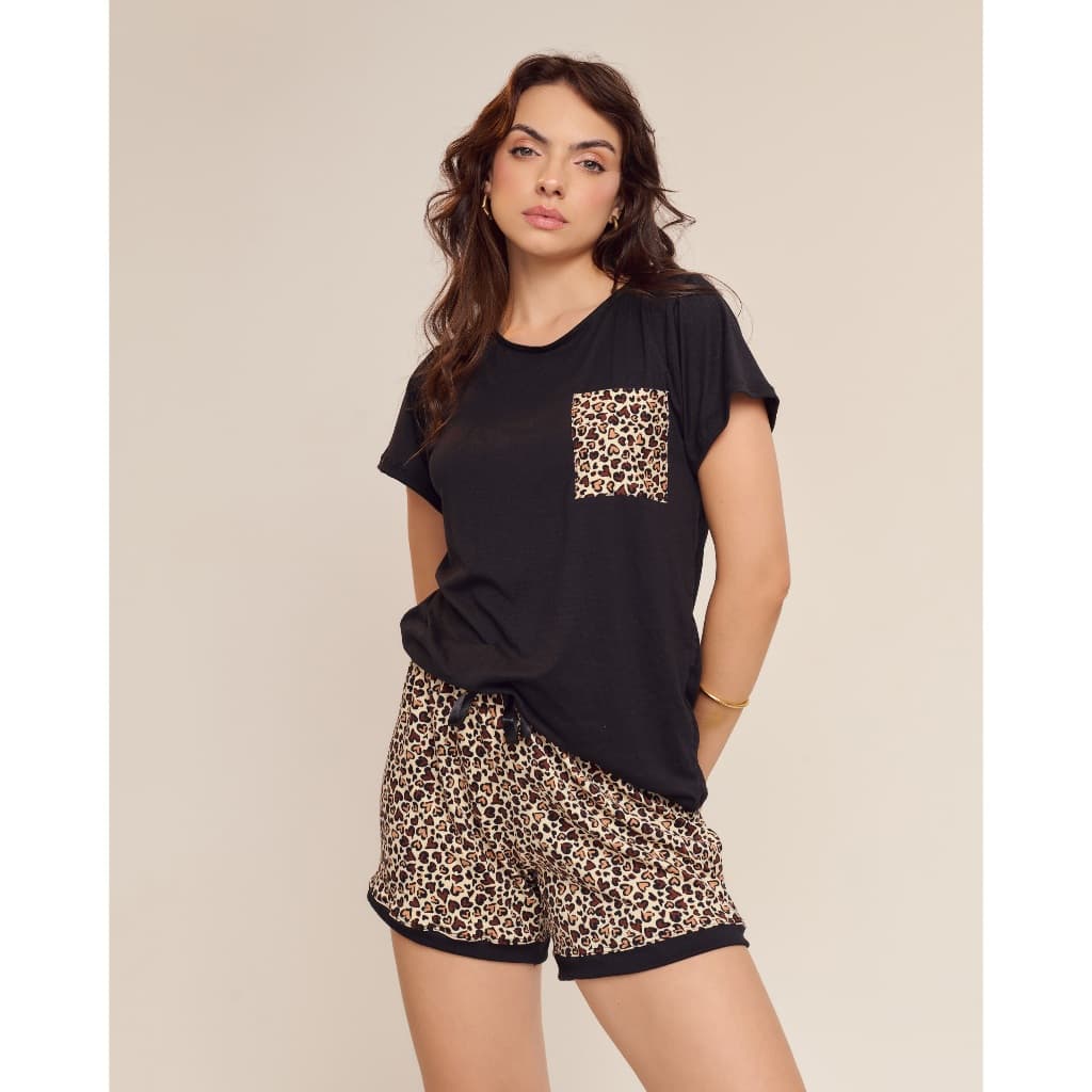 Pijama Short Doll Curto Com Bolso Suede Estampado