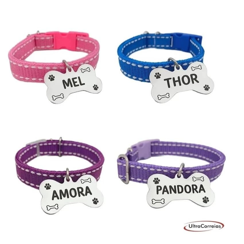 Coleira para cachorro e gato com plaquinha de identificação