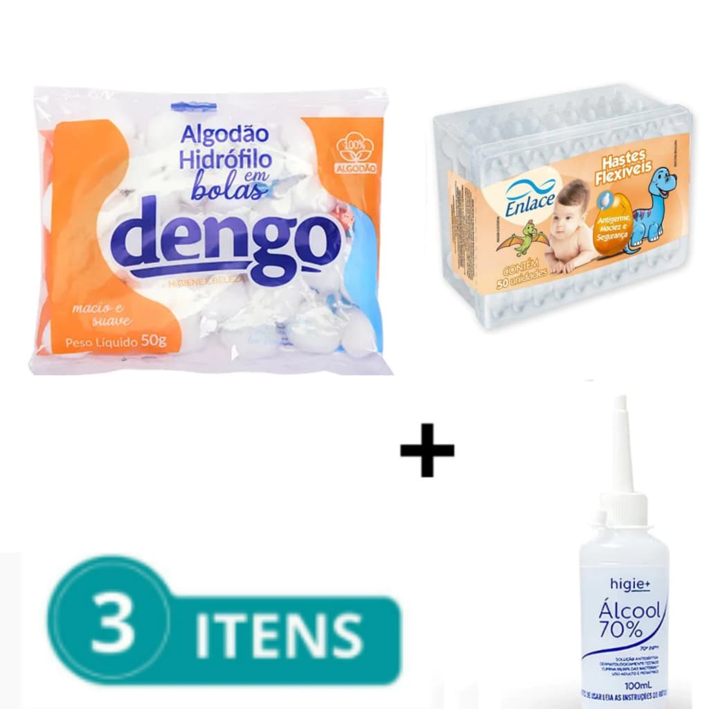 Kit 3 ITENS Cuidados Recém Nascido (ALGODÃO BOLA 50G DENGO/HIGIENIZADOR 70% 100ML/HASTES FLEXIVEIS ENLACE 50UN)