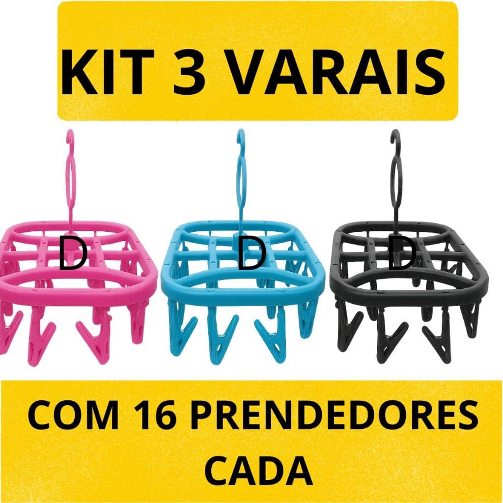 Kit 3 Varais Calcinha Cueca Meias Com 16 prendedores Cores Sortidas