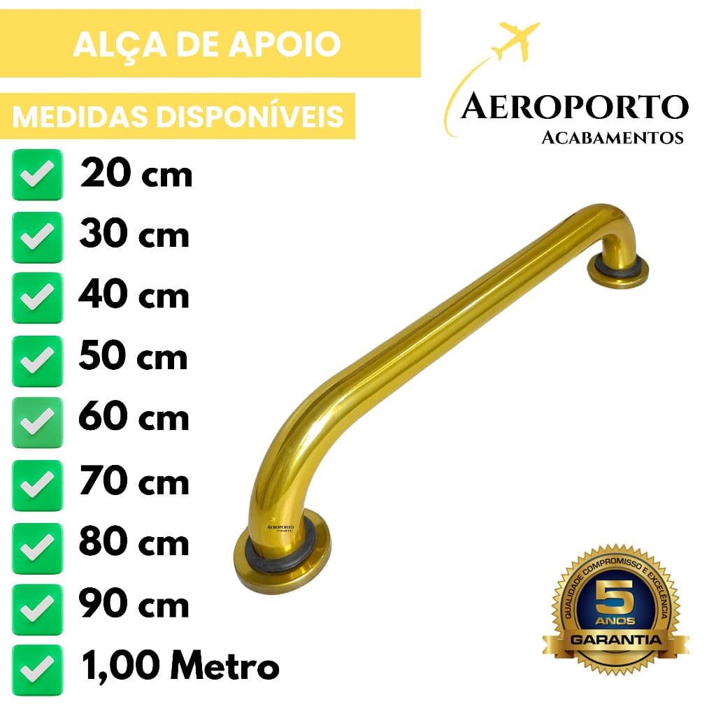 Alça de Apoio Dourada em Alumínio 20cm a 1m Banheiro PCD Idoso Segurança Corrimão