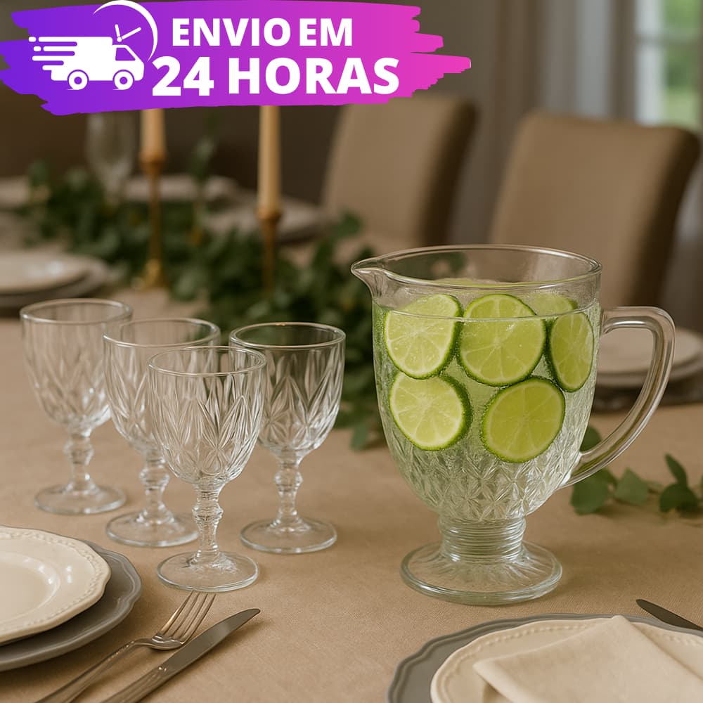 Conjunto Jarra Diamond 1200ML e Jogo Taças 340ML Diamante Kit Água Suco Vinhos