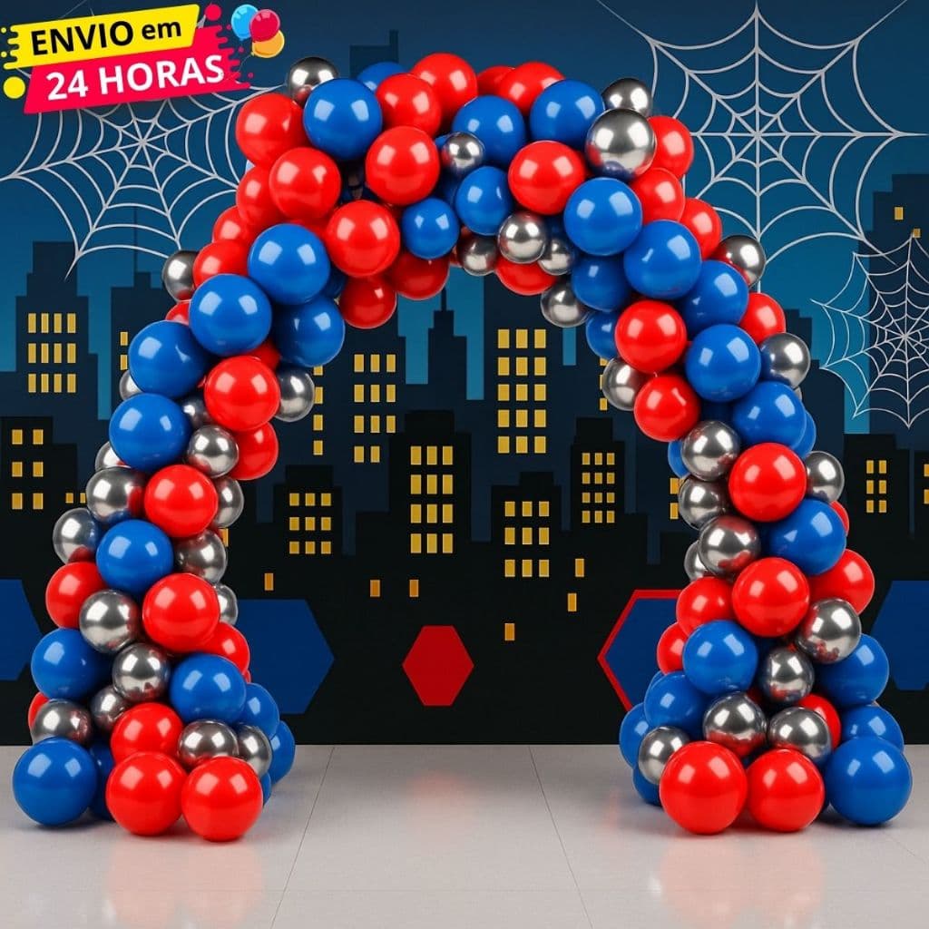 Kit 125 Balões Para Arco Latex e Cromado - Tema Super Heroi Aranha Decoração Aniversário Eventos