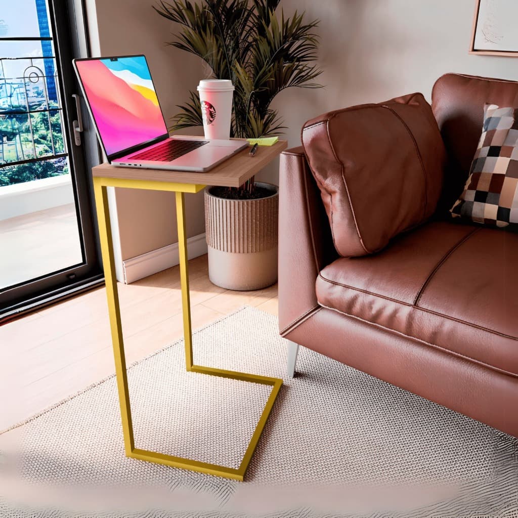 Mesa de Apoio Lateral Notebook com Pés de Ferro Elegante Canto para Sofá Sala e Quarto