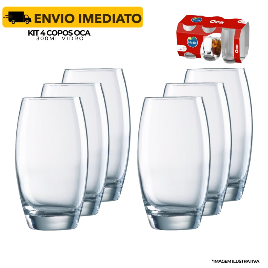 Jogo Copos Multiuso Vidro Refrigerante Suco Agua Oca 300ml - 4 Unidades
