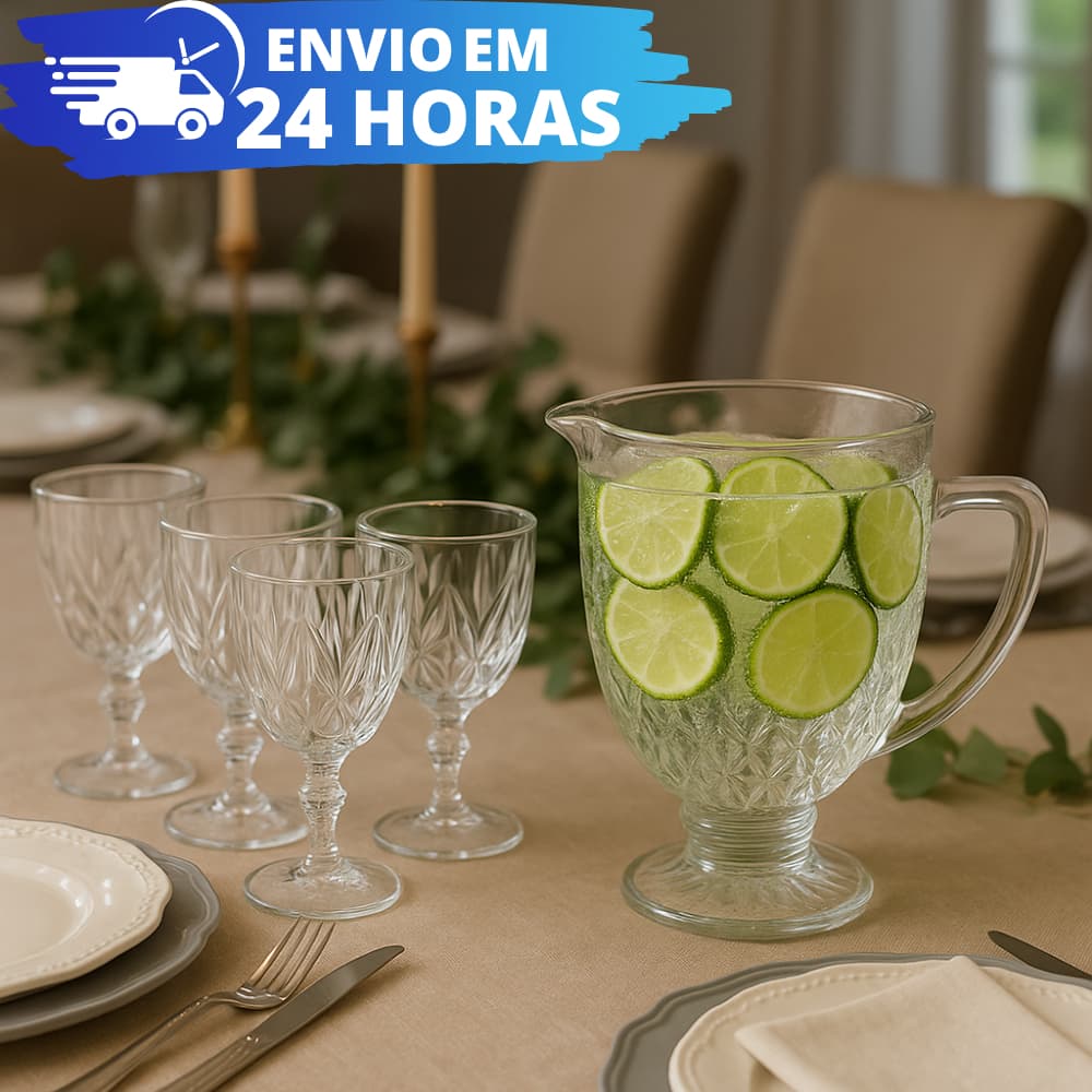 Conjunto Jarra Diamond 1200ML e Jogo Taças 340ML Diamante Kit Água Suco Vinhos
