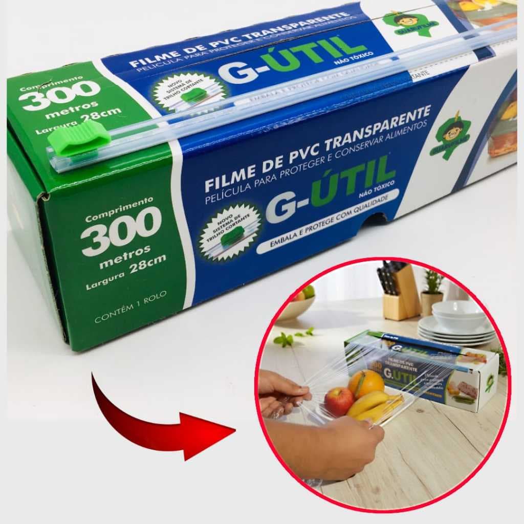 Filme PVC 28cm X 300 Metros - Plástico Filme de PVC com Trilho Cortador - COM LÂMINA DE CORTE
