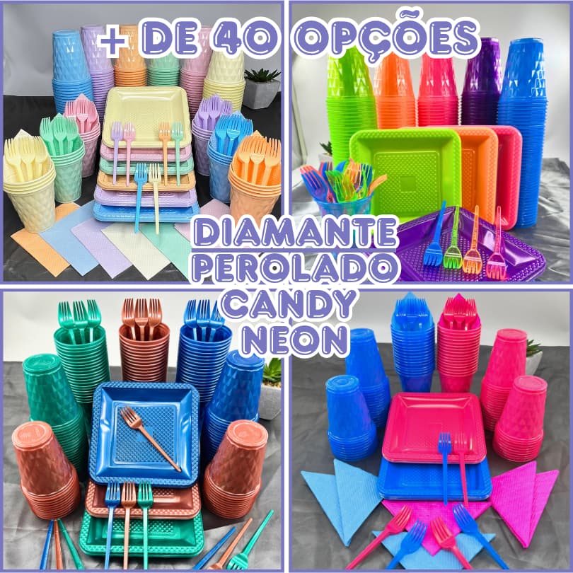 Kit Completo 180/130 Itens Festa Aniversário Descartável Prato Copo Garfo Diamante P/40 Pessoas