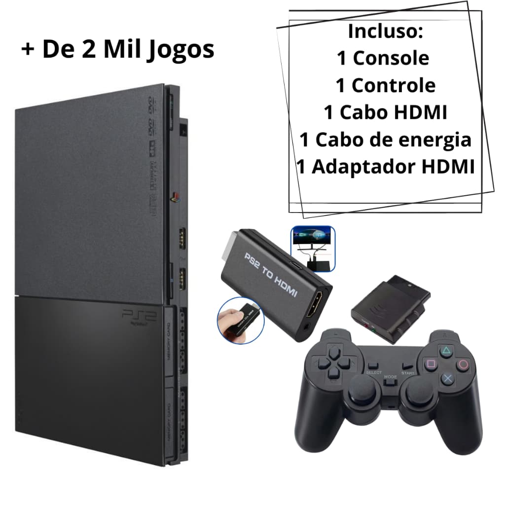 Playstation 2 Slim Play2 Completo Usado + 2 Controles Sem Fio + 2000 Jogos Na OPL Com Garantia