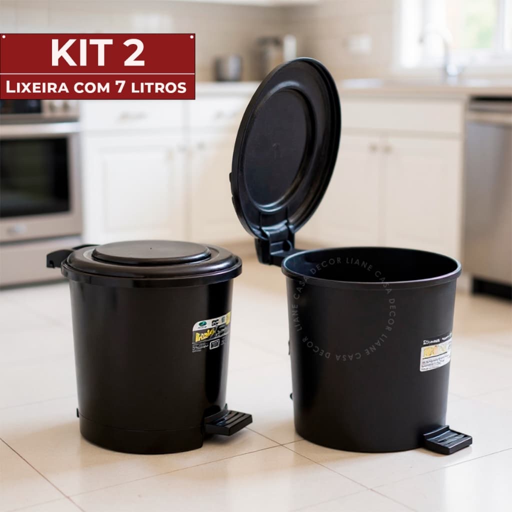 Kit Lixeira Pedal 7,5L C/Tampa Ideal Banheiro Cozinha Escritório Lavanderia Litros Plástico Preta