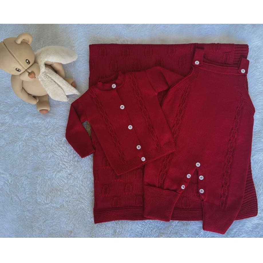 Kit Conjunto de Saída de Maternidade Jardineira + Casaquinho e Manta Luxo